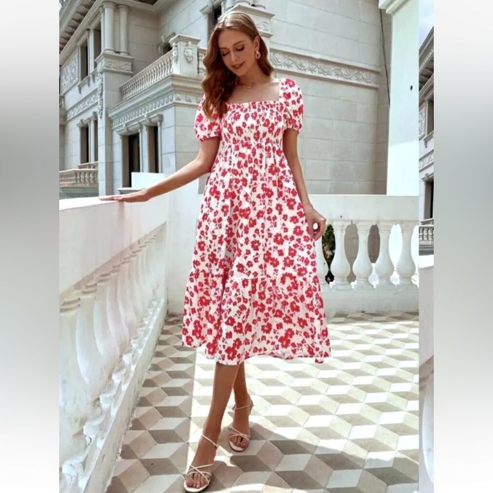 ZARA Floral Print Puff Sleeve Summer Midi Dress